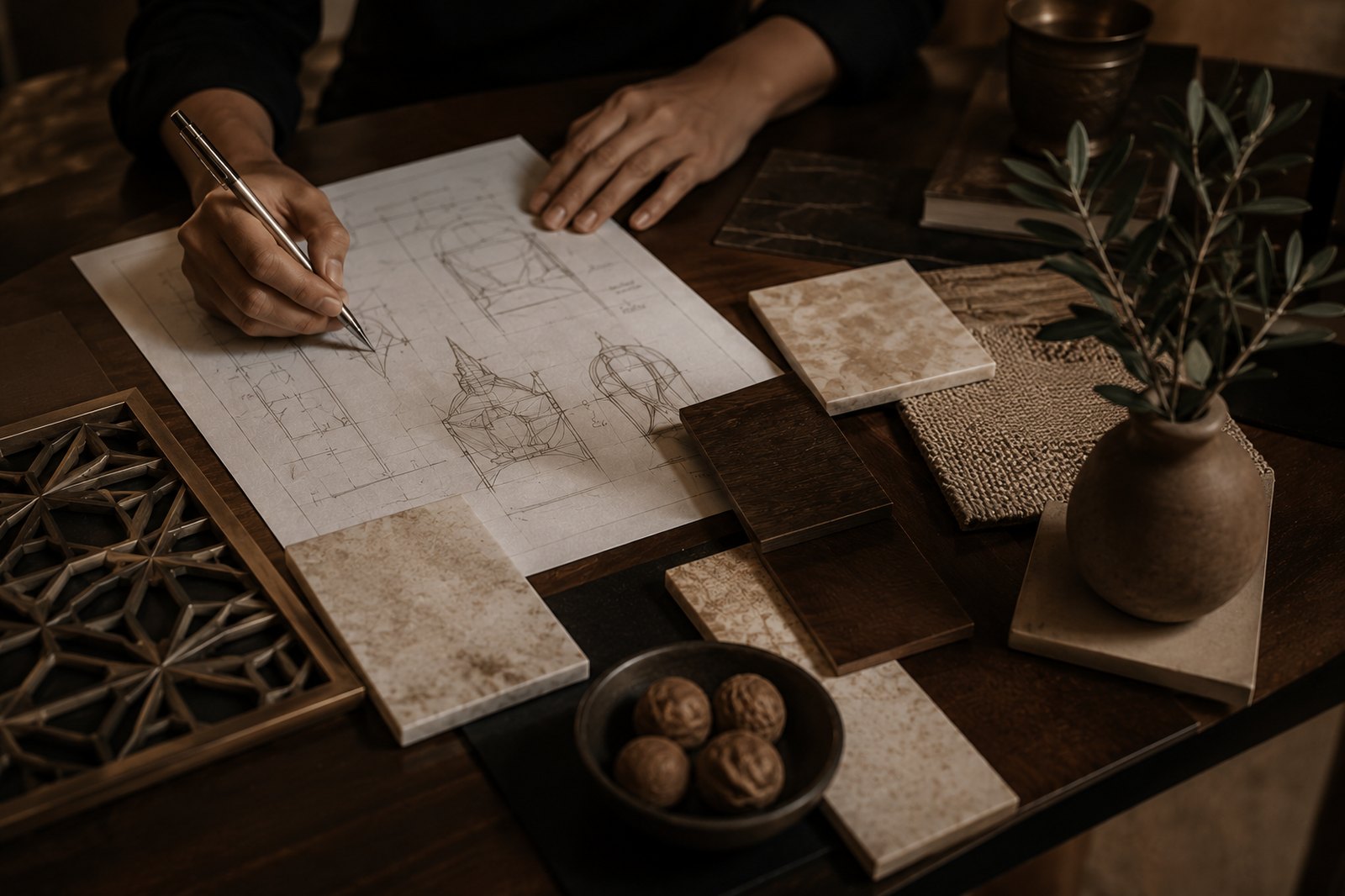 Atelier en activité : croquis, matières et échantillons de la maison